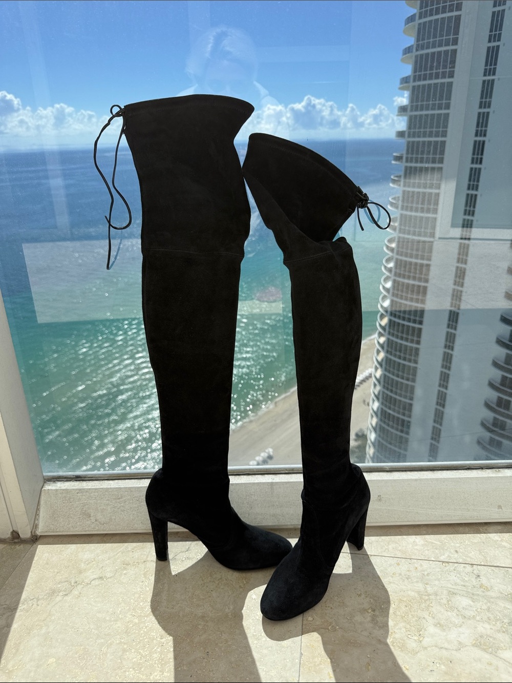 Stuart Weitzman Black Over-the-Knee Suede Heeled Boots